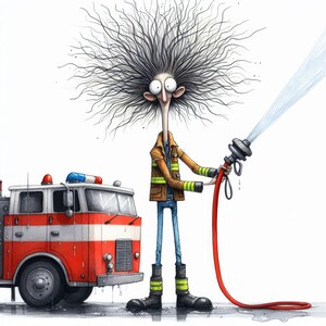 May include: A cartoon illustration of a firefighter with wild hair holding a red fire hose with a water stream coming out of the nozzle. The firefighter is standing in front of a red fire engine.