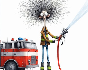Quirky Firefighter: Clip Art, 10 High Res Watercolor JPGs, Junk Journaling, Scrapbooking, Card Making, Digital Art, Fantasy, Whimsical