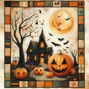 May include: A whimsical Halloween illustration featuring a spooky house with a jack-o'-lantern on the porch, surrounded by pumpkins and bats against a backdrop of a spiderweb-covered sky.