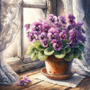 Violetas no Windowsill Clip Art 10 JPGs em aquarela de alta resolução para registro de lixo eletrônico, scrapbooking, criação de cartões, kit de download digital