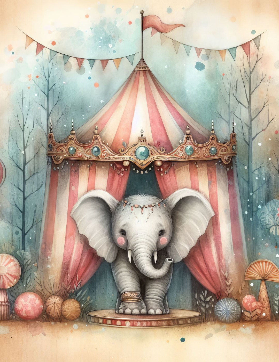 Circus Tent With Elephant 10 High Res Watercolor Jpgs for Junk