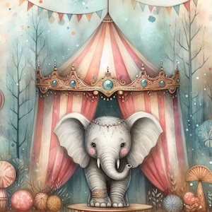 Tente de cirque avec éléphant, 10 fichiers JPG aquarelle haute résolution pour la journalisation indésirable, scrapbooking, travaux manuels, téléchargement numérique, fantastique, fantaisiste