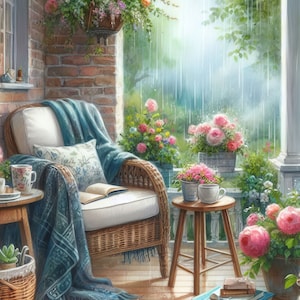 Portico anteriore in una giornata piovosa Clip Art Kit 10 JPG ad alta risoluzione acquerello per Junk Journaling, Scrapbooking, Artigianato con la carta, Download digitale