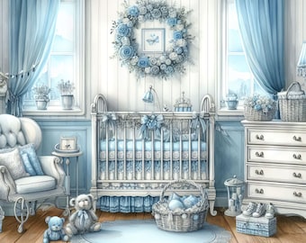 Clipart bleu pour chambre d'enfant, 10 fichiers JPG aquarelle haute résolution pour la journalisation indésirable, le scrapbooking, la fabrication de cartes, le kit de téléchargement numérique