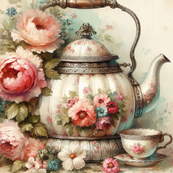 Teapot With Flowers Clipart Bundle 10 High Res Watercolor JPGs for Junk Journaling, Scrapbook, Crafts, Digital Download