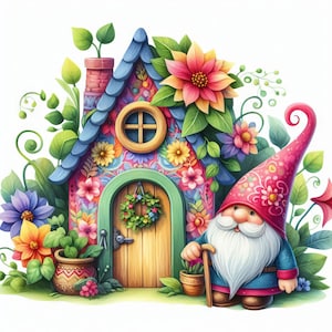 Colorful Gnome House Clip Art Bundle 10 High Res Watercolor JPGs Junk Journaling, Scrapbooking, Card Making, Digital Download,  Fantasy