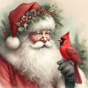 Vintage Père Noël avec le Cardinal Clipart Bundle 10 JPG aquarelles haute résolution pour la journalisation indésirable, scrapbooking, travaux manuels, téléchargement numérique, Noël