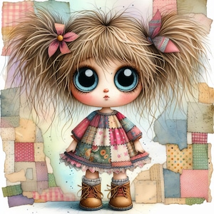 Puede incluir: Una muñeca caprichosa con grandes ojos azules y cabello castaño claro peinado en coletas. Viste un vestido de retazos en tonos rosa, rojo y azul, combinado con botas marrones. Una flor rosa y un lazo en forma de mariposa adornan su cabello. El fondo presenta un diseño de retazos.
