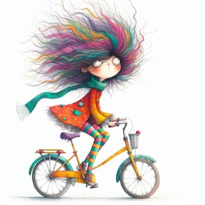 May include: A colorful illustration of a girl with long, flowing hair riding a yellow bicycle. She is wearing a red and orange jacket, yellow pants, and striped stockings. Her hair is a mix of pink, purple, green, and blue.