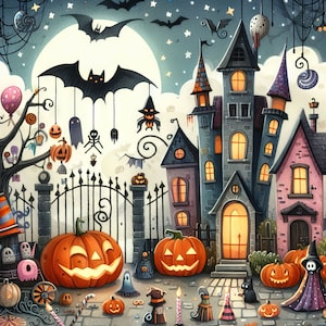 Clip art de Halloween caprichoso: 10 archivos JPG de acuarela de alta resolución para diario basura, álbumes de recortes, creación de tarjetas, descarga digital, fantasía