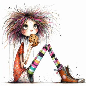May include: A cartoon illustration of a girl with colorful hair, wearing a red and white polka dot shirt, colorful striped leggings, and brown boots. She is sitting with her legs crossed and eating a chocolate chip cookie.