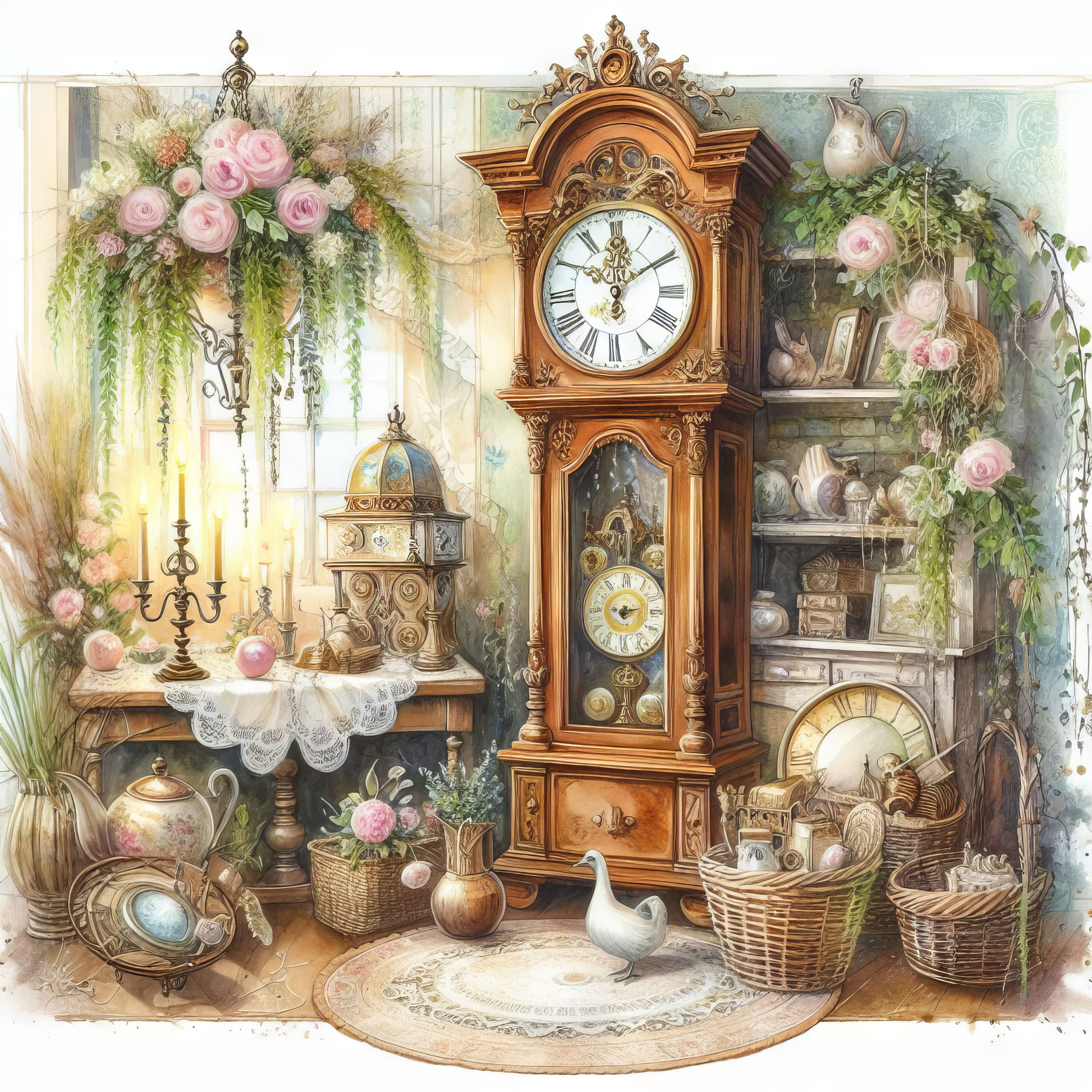 Victorian Grandfather Clock: Clip Art, 10 High Res Watercolor Jpgs