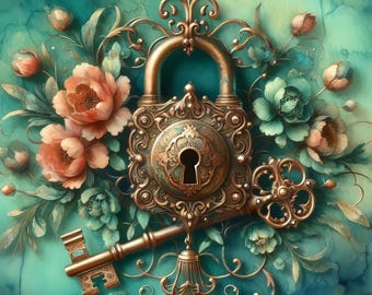 Lock and Key: Clip Art  10 High Res Watercolor JPGs, Junk Journaling, Scrapbook, Crafts, Digital Art, Vintage