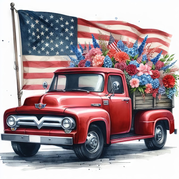 Red Truck: USA, Watercolor Clip Art, 4th of July (Digital Art)