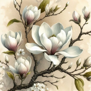 White Magnolias Clip Art Bundle 10 JPG de acuarela de alta resolución para diario basura, álbum de recortes, manualidades, descarga digital