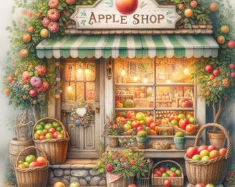Apple Shop: 10 High Res Watercolor JPGs, Junk Journaling, Scrapbooking, Card Making, Digital Art, Fantasy, Whimsical