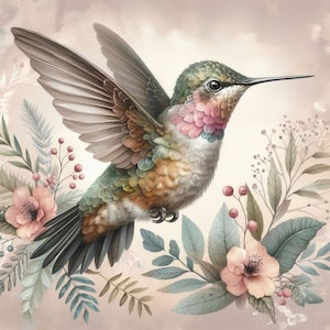 May include: A hummingbird with green, brown, and pink feathers perches on a branch with delicate pink flowers and green leaves.