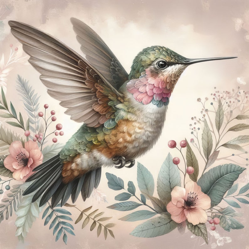 May include: A hummingbird with green, brown, and pink feathers perches on a branch with delicate pink flowers and green leaves.