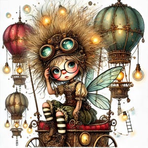 May include: A whimsical illustration of a fairy with large, round glasses and a steampunk-inspired hat, riding in a hot air balloon carriage. The fairy has large, blue eyes and is wearing a green dress with a brown bodice. The carriage is decorated with gears and other steampunk elements. The background is a white sky with clouds and a few light bulbs.
