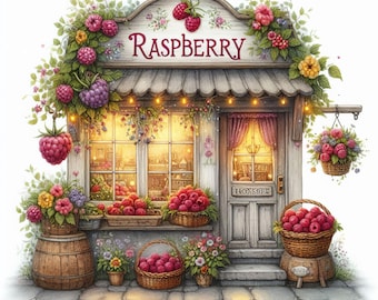 Raspberry Shop: 10 High Res Watercolor JPGs, Junk Journaling, Scrapbooking, Card Making, Digital Art, Fantasy, Whimsical