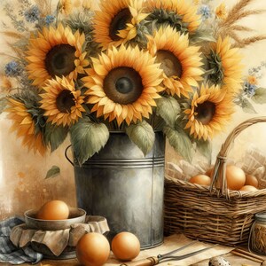 Ensemble de 10 cliparts tournesols dans un seau haute résolution aquarelle JPG pour la journalisation indésirable, scrapbooking, travaux manuels, téléchargement numérique