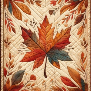 May include: A quilted wall hanging featuring a large, stylized maple leaf in shades of brown, orange, and blue. The leaf is surrounded by smaller leaves and vines in a similar color scheme, creating a symmetrical design.