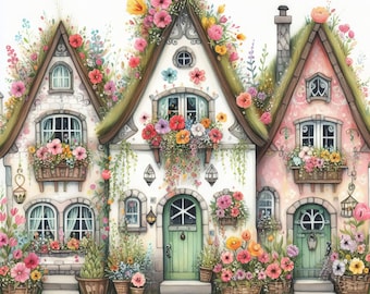 May include: Three whimsical houses with green doors and flower boxes, covered in colorful flowers and greenery. The houses are painted white, pink, and a light blue.
