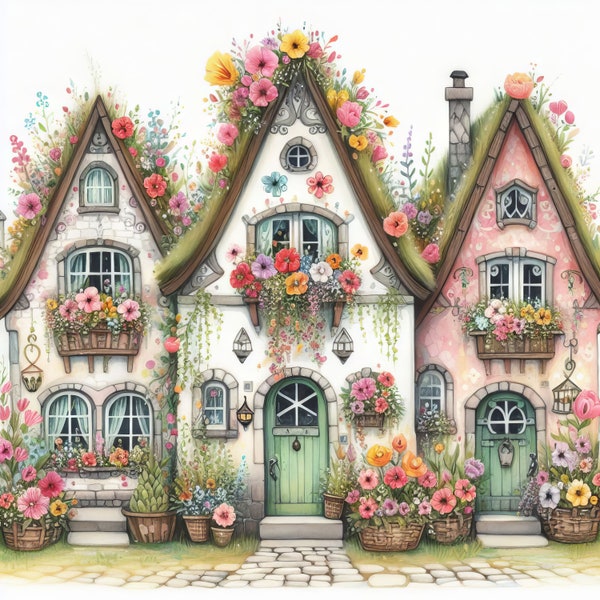 Casas florecientes: imágenes prediseñadas, 10 archivos JPG de acuarela de alta resolución, diario basura, scrapbooking, creación de tarjetas, arte digital, fantasía, caprichoso
