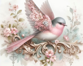 Pink Floral Bird: Clip Art, 10 High Res Watercolor JPGs, Junk Journaling, Scrapbooking, Card Making, Digital Art