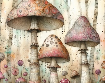 Verzauberte Pilze: 10 hochauflösende JPGs in Aquarell Farben für Junk Journaling, Scrapbook, Basteln, Digital Art, Fantasy, Skurril