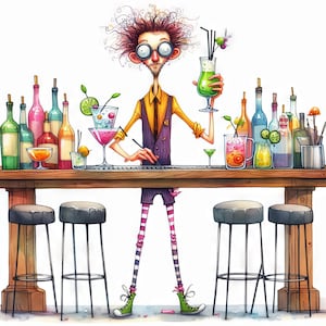 Puede incluir: Un barman de dibujos animados con gafas y un chaleco amarillo sirve bebidas en un bar con taburetes. La barra está decorada con botellas y vasos de colores.