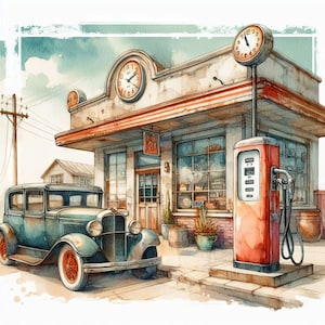May include: A vintage blue car parked in front of a gas station with a red gas pump and a clock on the side of the building. The gas station has a red awning and a sign that says "Oil & Gas".