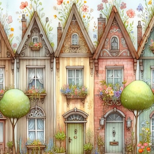 Whimsical Row Houses Clipart 10 JPGs aquarela de alta resolução Junk Journaling, Scrapbooking, Paper Crafts, pôsteres, download digital, fantasia