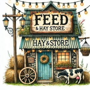 Feed and Hay Store 10 JPG ad alta risoluzione per acquerelli Junk Journaling, Scrapbooking, Creazione di biglietti, Download digitale, Fantasy, Stravagante