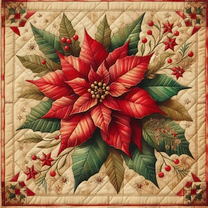 May include: A red poinsettia flower with green leaves on a cream-colored background with a quilted pattern. The poinsettia is surrounded by small white stars and other floral details.