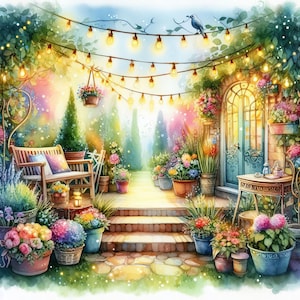 以下が含まれることがあります： 水彩画で描かれた、木製のベンチ、鉢植えの植物、ティーポットとカップが置かれた小さなテーブルのある庭のテラス。テラスには電球が連なった照明が飾られ、暖かく居心地の良い雰囲気を作り出している。