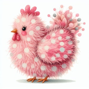 Clip art de pollo con lunares rosas, 10 archivos JPG de acuarela de alta resolución, para diario basura, scrapbooking, creación de tarjetas, descarga digital, fantasía, caprichoso