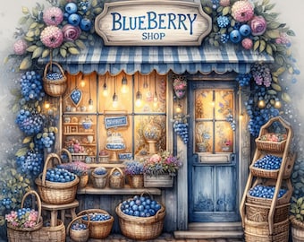 Blueberry Shop: 10 High Res Watercolor JPGs, Junk Journaling, Scrapbooking, Card Making, Digital Art, Fantasy, Whimsical