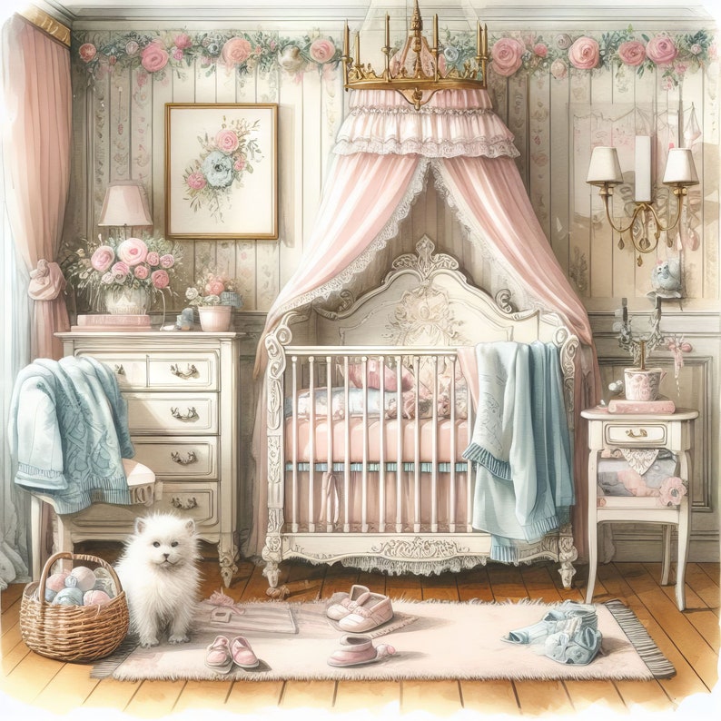 Shabby Chic Baby's Schlafzimmer Clip Art 10 hochauflösende JPGs in Aquarell Farben für Junk Journaling, Scrapbooking, Kartenherstellung, Digital Download Kit Bild 9