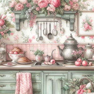 Shabby Chic Pink and Green Kitchen Clipart Bundle 10 JPG ad alta risoluzione in acquerello per Junk Journaling, Scrapbook, Artigianato, Download digitale