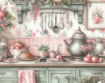 Shabby Chic Pink and Green Kitchen Clipart Bundle 10 High Res Watercolor JPGs for Junk Journaling, Scrapbook, Crafts, Digital Download