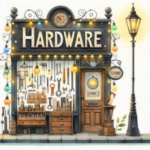 May include: A vintage-style hardware store with a sign that reads "HARDWARE" above the door. The store has a variety of tools and supplies hanging on the walls, including wrenches, screwdrivers, and hammers. There is a small bird perched on a shelf outside the store. The store is lit by string lights and a street lamp.