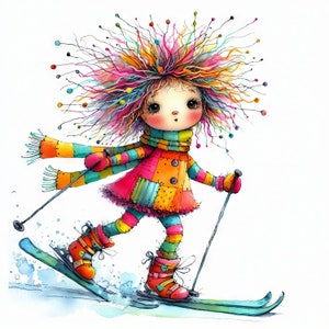 Puede incluir: Una ilustración colorida de una niña con cabello arcoíris esquiando por una ladera nevada. Lleva un abrigo de patchwork rosa y naranja brillante, pantalones a rayas y botas de esquí rojas.
