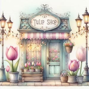May include: A charming storefront with a sign that reads "Tulip Shop". The shop has a pink awning, a blue door, and a window display of flowers. There are string lights hanging above the door and a basket of flowers hanging on the side of the building.