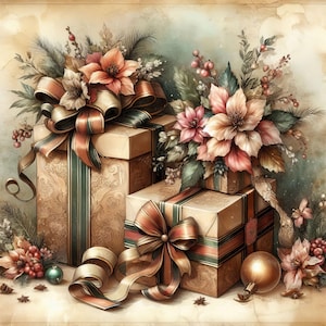 Pakiet Vintage Christmas Packages Clipart 10 wysokiej rozdzielczości akwarelowych JPG do dziennika śmieci, albumu, rzemiosła, pobierania cyfrowego, Bożego Narodzenia