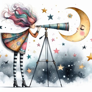 Observation des étoiles originale 10 fichiers JPG aquarelle haute résolution pour journalisation indésirable, scrapbooking, fabrication de cartes, téléchargement numérique, fantastique, fantaisiste
