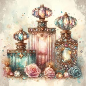 May include: Three ornate glass perfume bottles with jeweled stoppers and decorative details. The bottles are arranged in a row on a watercolour background with pink and blue flowers.