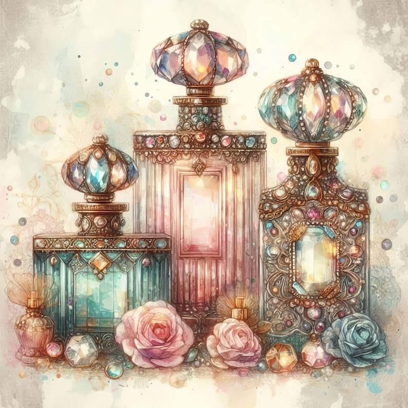 May include: Three ornate glass perfume bottles with jeweled stoppers and decorative details. The bottles are arranged in a row on a watercolour background with pink and blue flowers.