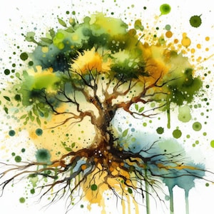 Pacchetto di 10 clip art di alberi astratti in formato JPG ad alta risoluzione per acquerelli, per il diario creativo, scrapbooking, creazione di biglietti, kit per download digitale