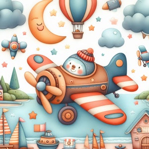 May include: A whimsical illustration of a cartoon airplane with a penguin pilot, a hot air balloon, a crescent moon, and stars. The airplane has red and white stripes and a brown propeller. The scene is set against a blue sky with clouds and a beach with boats.